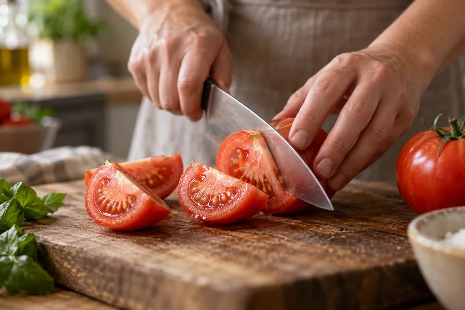 Tomato wedges being cut on a wooden board